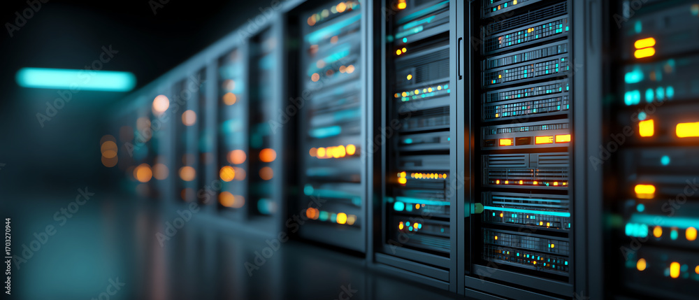 Naklejka premium Row of illuminated server racks in a modern data center with colorful status lights indicating active network connections and system operations