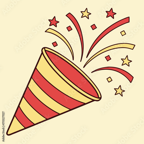 A festive party popper exploding with confetti and stars.