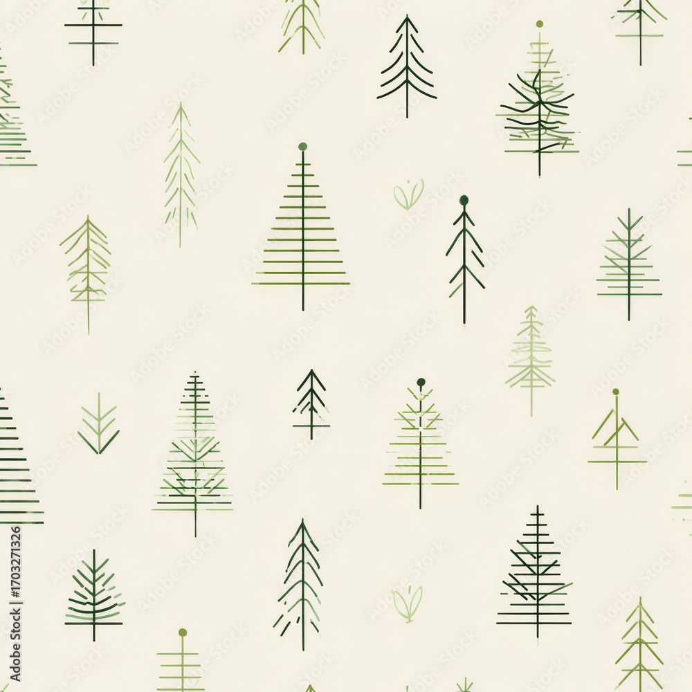 Obraz premium Seamless Pattern of Christmas Trees With Green Minimalist Design on Neutral Cream Background, Modern Holiday Design