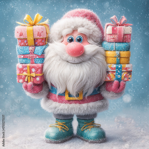 Niedlicher Weihnachtsmann mit Geschenken im Winter