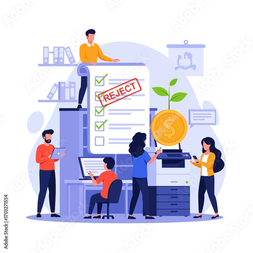 Business team working on project with checklist and rejection stamp