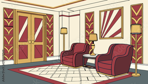 Two plush armchairs and a round table in a luxurious waiting room.