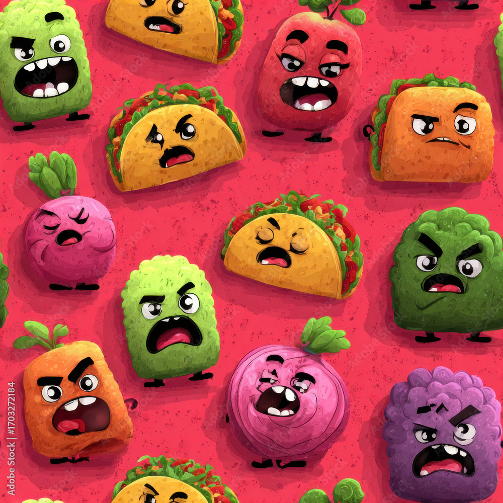 Angry Food Cartoon Seamless Pattern: Tacos, Turnips & Veggies with Fierce Expressions