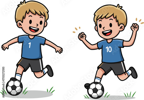 Cartoon boys playing soccer in blue jerseys, dribbling ball, happy expressions, youth football game, fun outdoor sports illustrationCartoon boys playing soccer in blue jerseys, dribbling ball