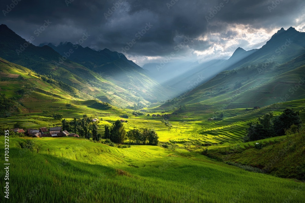 Naklejka premium Sunbeams pierce valley, terraced rice paddies