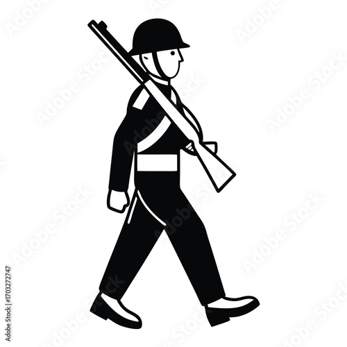 Black Silhouette Vector of Soldier Marching with Rifle