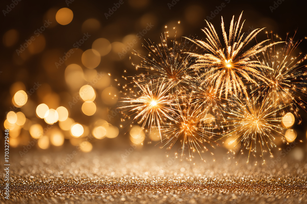 Fototapeta premium Golden fireworks burst in the night sky, illuminating a sparkling glittery surface with warm, festive bokeh lights creating a celebratory and magical atmosphere