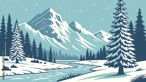 Snowy evergreen trees line a winding river in a winter mountain landscape.