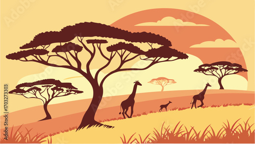 African savanna landscape with giraffes and acacia trees.