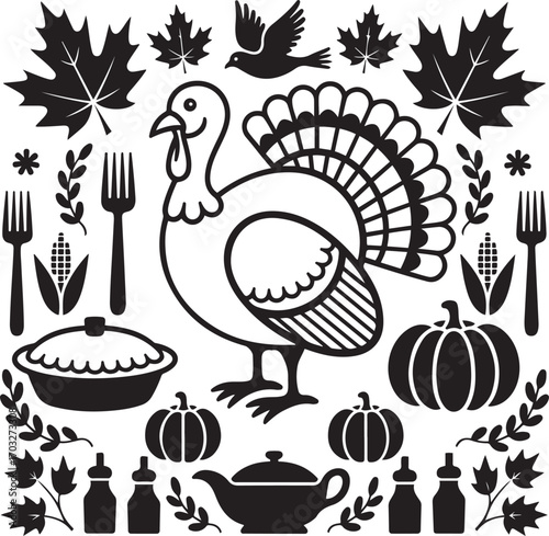 Thanksgiving Turkey Dinner Autumn Harvest Graphic Design Black White