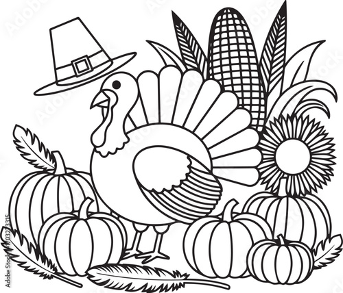 Thanksgiving Turkey Pumpkin Corn Hat Outline Illustration Design