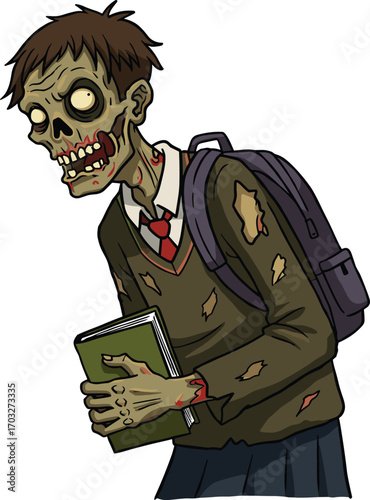 Zombie schoolboy wearing torn uniform and backpack, holding book, undead student illustration, creepy horror vector art