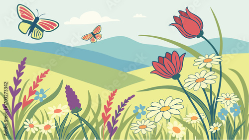 Vibrant Meadow with Butterflies and Flowers in Bloom.