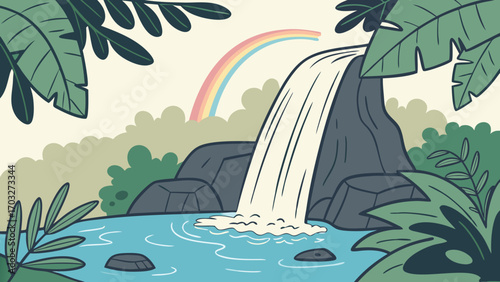 Majestic Waterfall Cascading into a Serene Pool Surrounded by Lush Greenery.