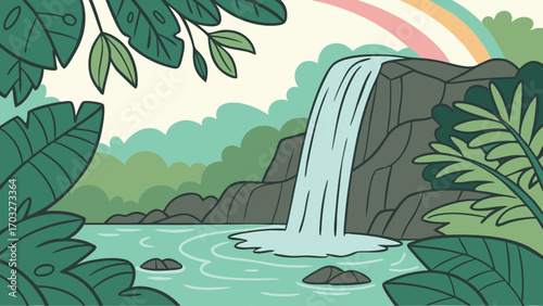 A beautiful waterfall cascades down a rocky cliff into a serene pool surrounded by lush jungle foliage, with a rainbow arching in the sky.