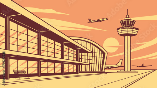 Modern Airport Terminal Building and Control Tower with Airplanes.