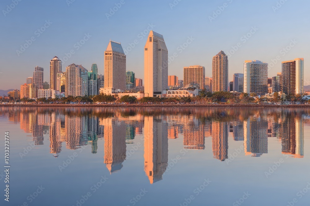 Fototapeta premium Panoramic city skyline reflecting on calm water at dawn