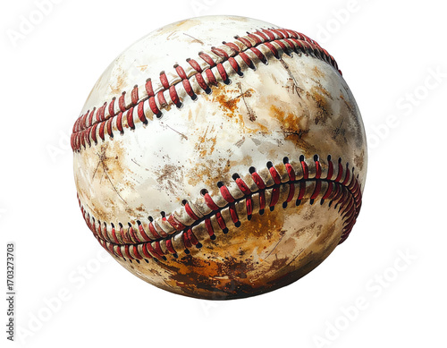 A weathered baseball, showing signs of use and age.  Its leather is stained and  marked,  with visible stitching