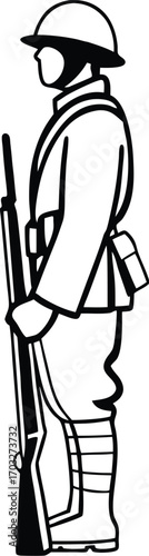 Black Silhouette Vector of Soldier Standing with Gun One