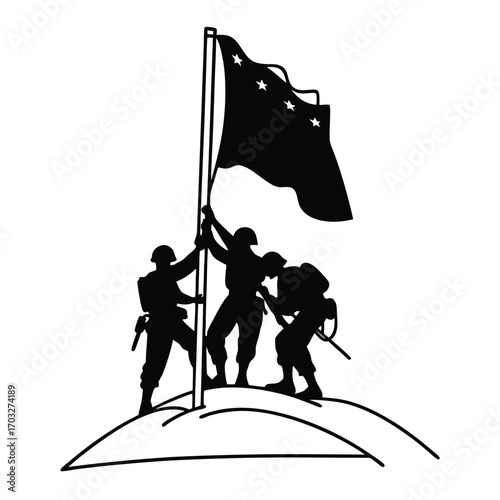 Black Silhouette Vector of Soldiers Planting Flag