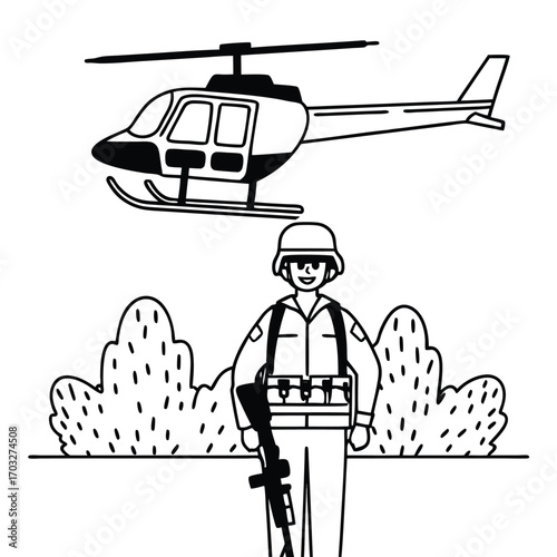 Flat Vector of Soldier and Helicopter Silhouette