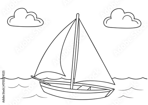 Vector art of a simple line drawing of a sailboat with sails up, floating on wavy water under two clouds