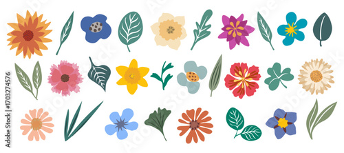 Set of hand-drawn floral design elements with wildflowers, garden blooms, leaves, and abstract shapes. Modern botanical vector illustrations in trendy colors, isolated for creative projects