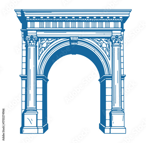 Architectural illustration of a classic blue archway with decorative pillars and details