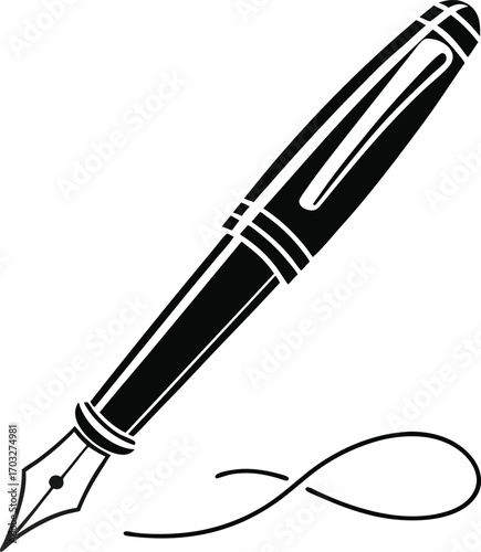 Vector art of a classic black fountain pen with a nib and an infinity symbol drawn on a