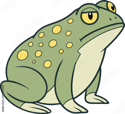 Vector art of a cartoon illustration of a grumpy green frog with yellow spots, isolated on a