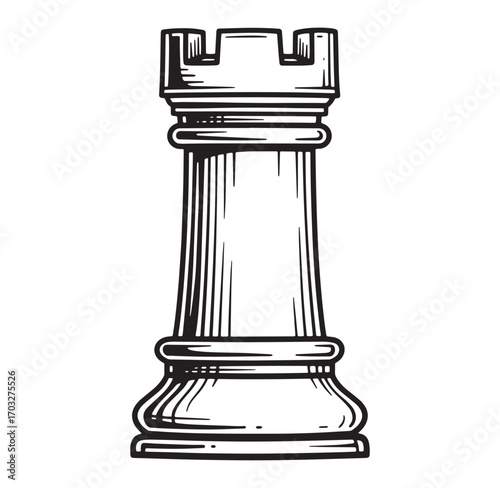 Black and white line art illustration of a chess rook piece isolated on white