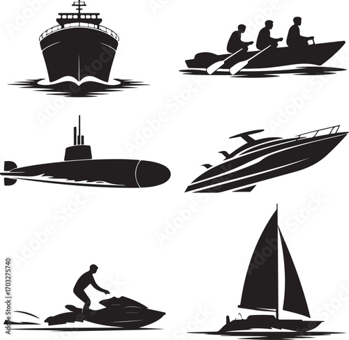 Collection of five black silhouette watercraft and water sports vehicles Keywords: ship, boat