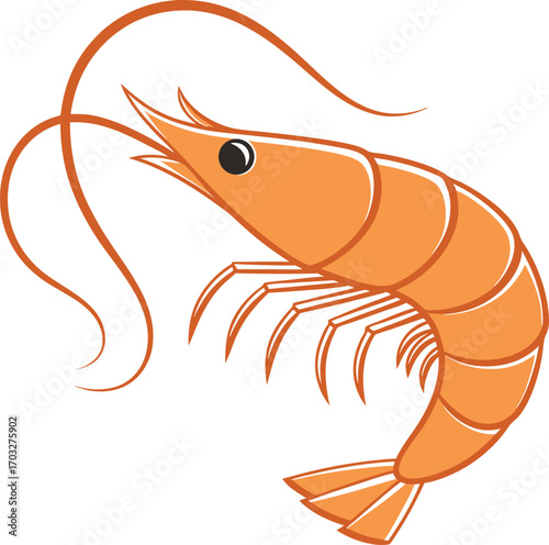 Vector art of a vibrant orange shrimp illustration, isolated on a, showcasing its detailed body and antennae