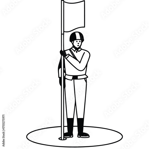Flat Vector of Soldier Standing Holding Flagpole