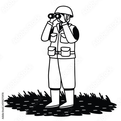 Flat Vector of Soldier with Binoculars Standing