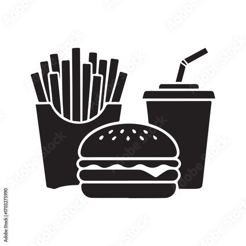 Fast food meal icon with burger, fries and soda. Junk food silhouette vector illustration.
