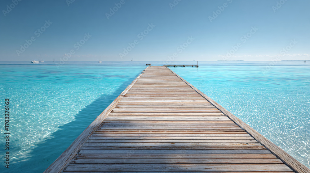 Fototapeta premium Wooden pier extending into a calm, turquoise ocean under a clear blue sky.
