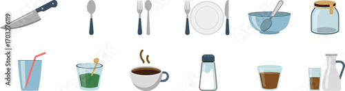 Assortment of kitchen and dining items including utensils cutlery and drinks on white background Keywords: kitchen, dining