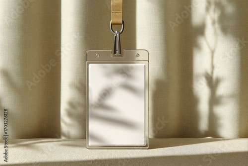 Empty ID badge on beige fabric backdrop