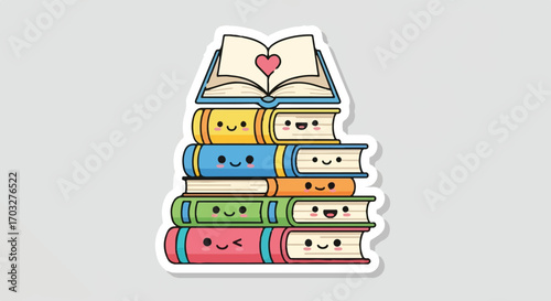 A whimsical and charming illustration of a tall stack of colorful kawaii books with cute smiling faces, symbolizing the love and joy of reading and learning