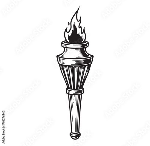 Classic hand drawn engraved torch with fire flames in black and white isolated design