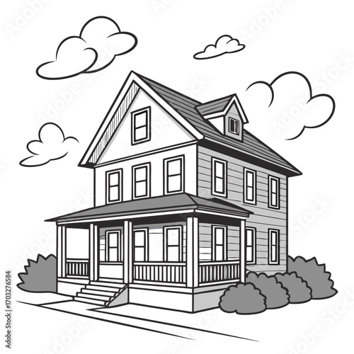 Vector art of a black and white illustration of a twostory house with a porch and surrounding bushes under a cloudy sky
