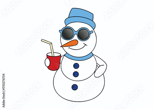 Funny snowman wearing sunglasses sipping juice enjoying winter fun vector