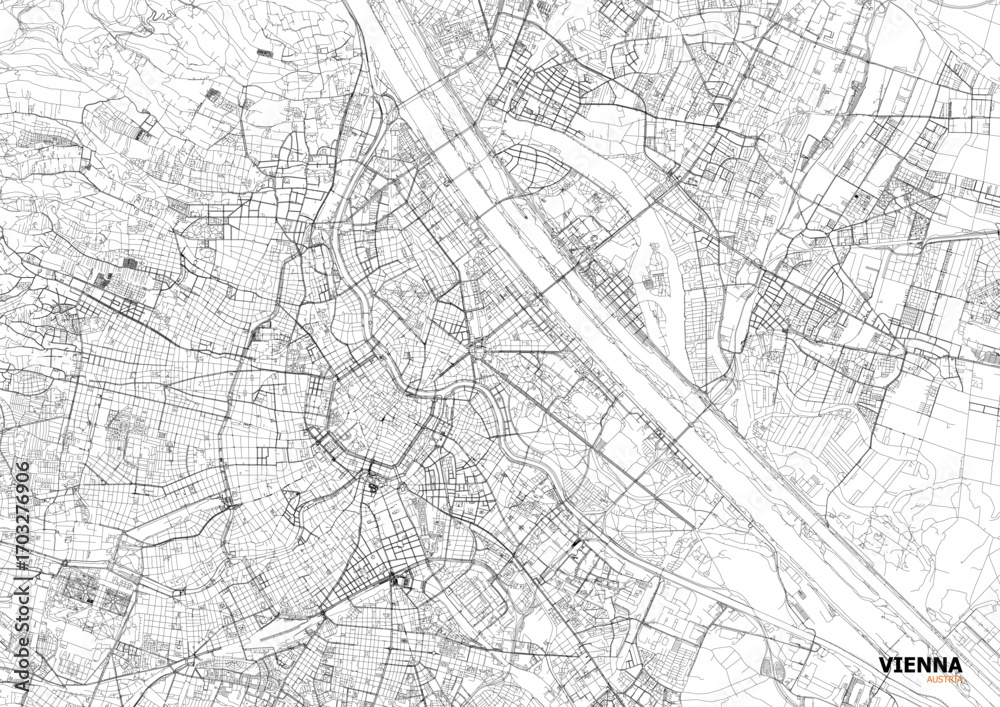 Naklejka premium Zoomed vector city map of Vienna district with detailed street and highway layout. Useful for navigation, transport, and urban planning