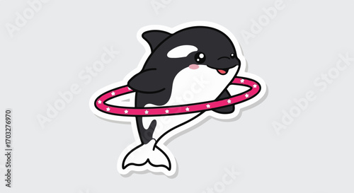 Cute cartoon killer whale playing with a hula hoop, sticker illustration of an orca