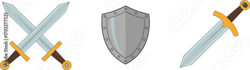Medieval crossed swords shield and single sword on white background knight warrior