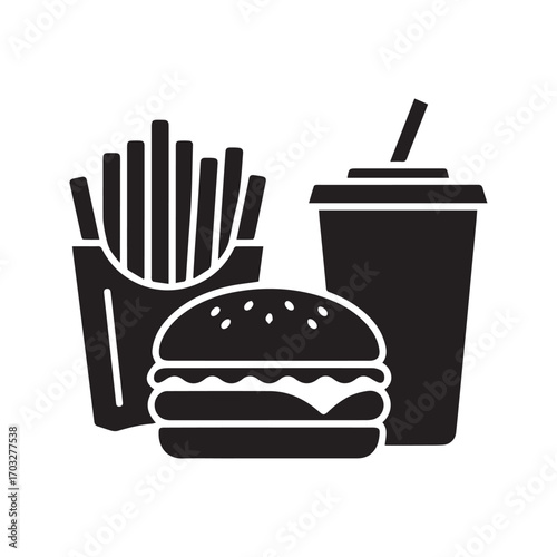 Fast food meal icon with burger, fries and soda. Junk food silhouette vector illustration.
