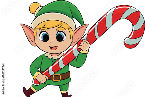 Silly elf struggling to carry giant candy cane festive holiday celebration christmas character vector
