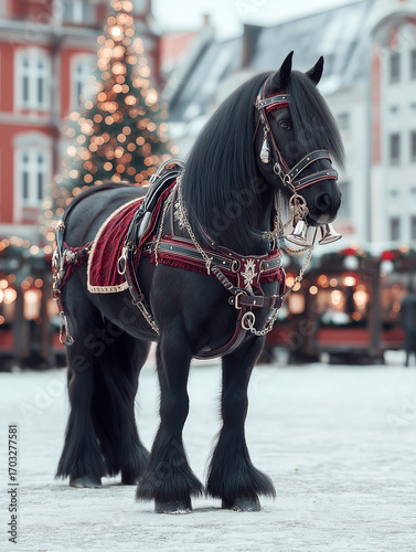 Majestic black horse adorned with elegant harness and festive decorations stands in a snowy square, surrounded by holiday lights and a Christmas tree, embodying winter celebration spirit