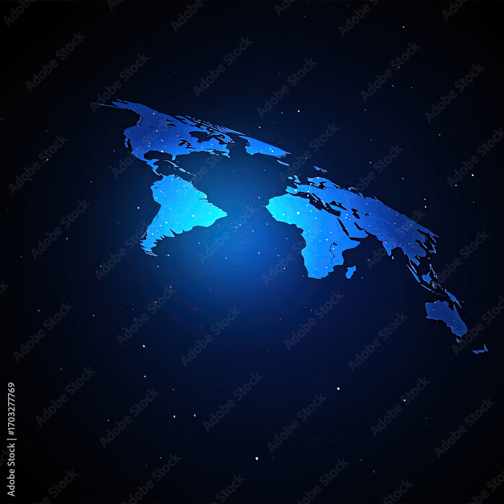 Fototapeta premium Blue global communication network map on a black background, representing a technological world